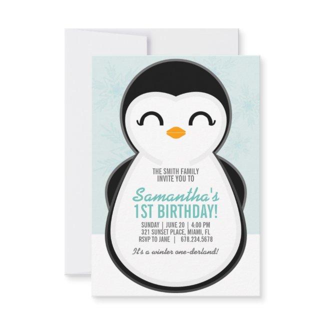 Girl Any Age Winter Penguin Birthday Cute Party Invitation
