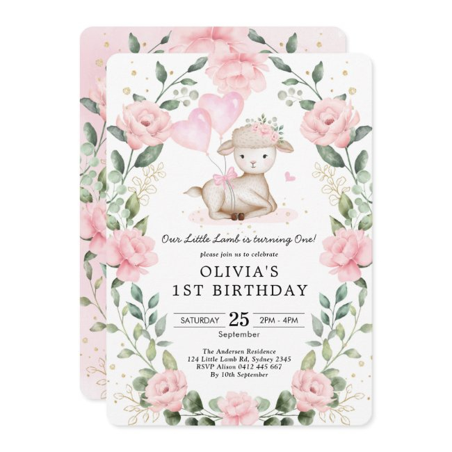 Girl Lamb Baby Sheep Blush Floral 1st Birthday Invitation