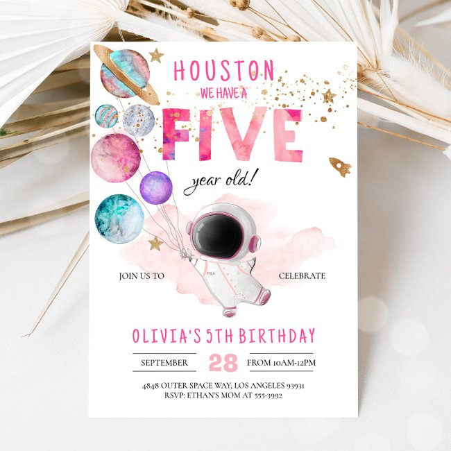 Girl Pink Astronaut Outer Space 5th Birthday Invitation