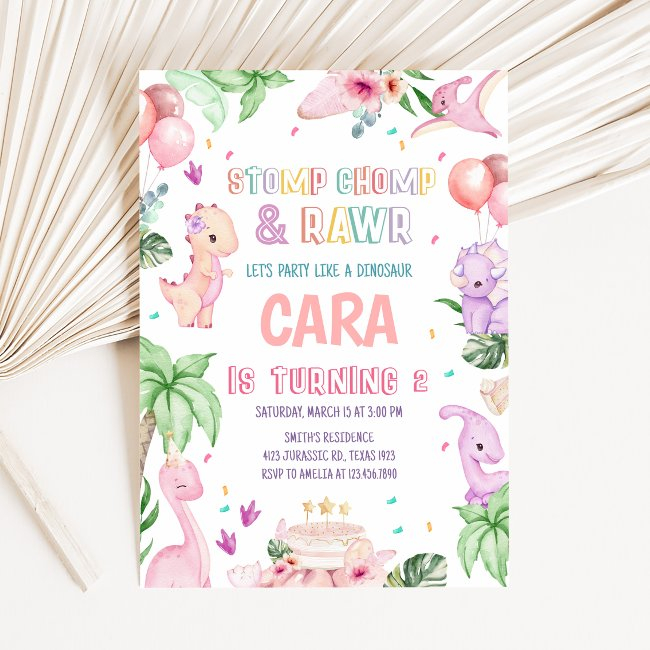 Girl Pink Safari Dinosaur Birthday Party Invitation