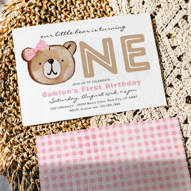 Girl's Bear First Birthday Invitation