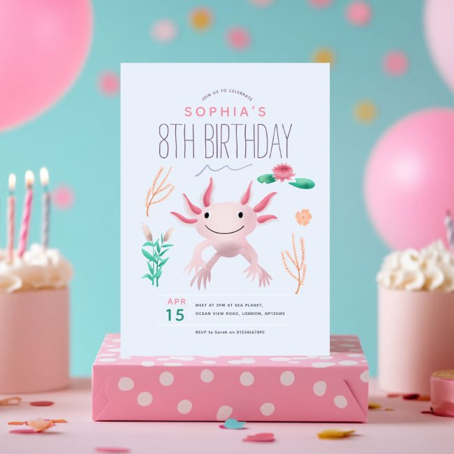 Girls Cute Pink Kawaii Axolotl 8th Birthday Invitation