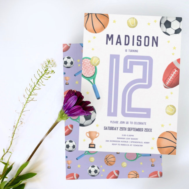 Girls Cute Purple Sports Cartoon Kids Birthday Invitation