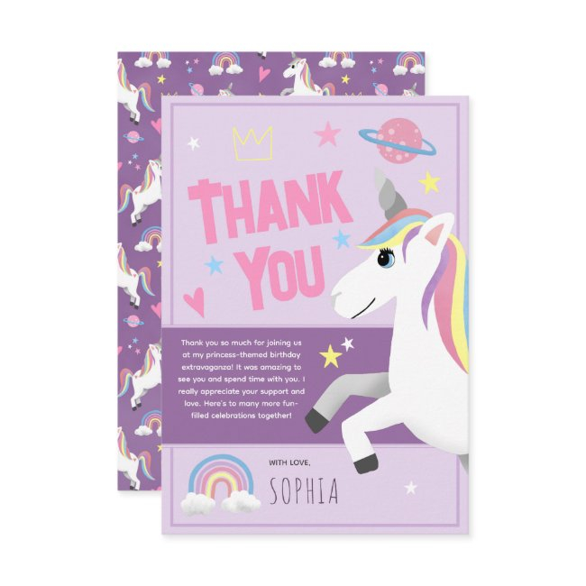 Girls Magical Purple Unicorn Kids Birthday Thank You Invitations