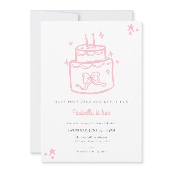Girls Pink Cake 2nd Birthday Invitation