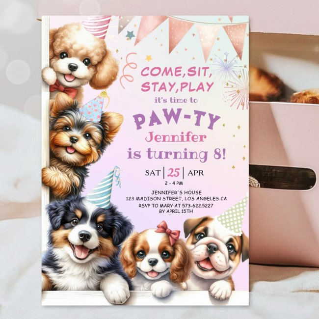 Girls Puppy Pawty 8th Birthday Party Invitation