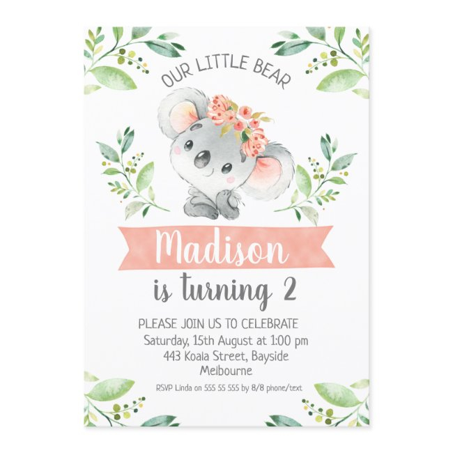 Girls Watercolor Koala Bear Birthday Invitation