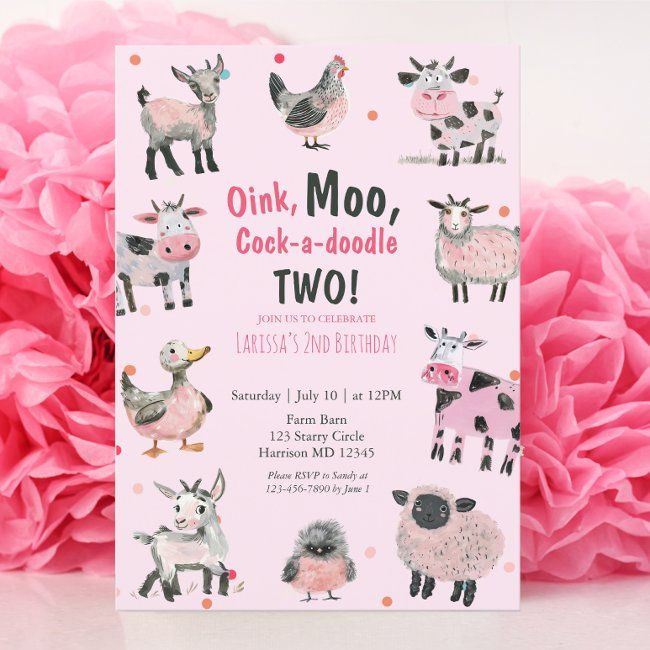 Girly Farm Animal Second Birthday Invitation