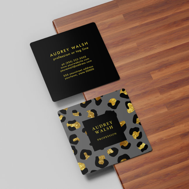 Girly Glittery Gold Gray Leopard Print Luxury Square Business Invitations