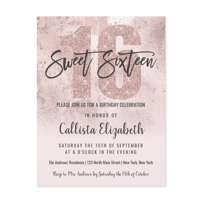 Girly Grunge Rose Gold Pink Glitter Foil Sweet 16 Invitation Postinvitations