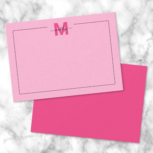 Girly Hot Pink Script Name Monogram Note Invitations