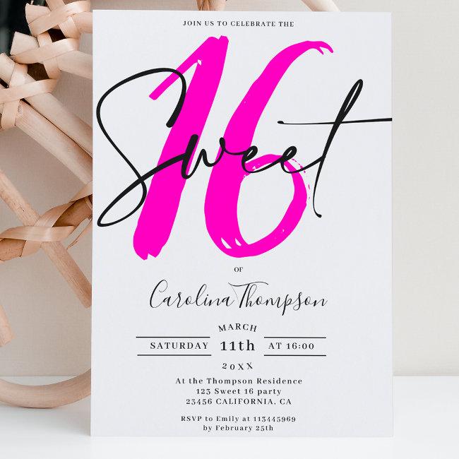 Girly Neon Pink Border Script Photo Sweet 16 Invitation