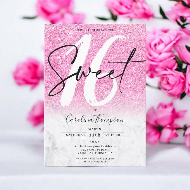 Girly Pink Glitter Border Marble Photo Sweet 16 Invitation