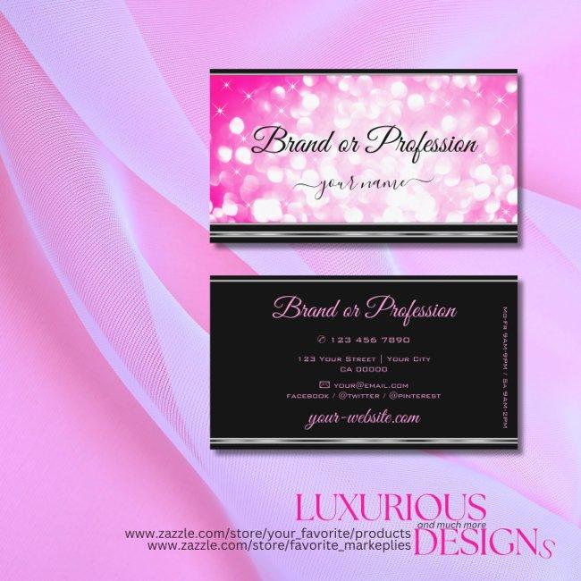Girly Pink Glitter Stars Black And Silver Border Business Invitations