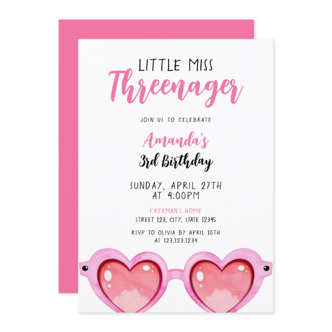 Girly Pink Sunglasses Threenager 3rd Birthday Invitation