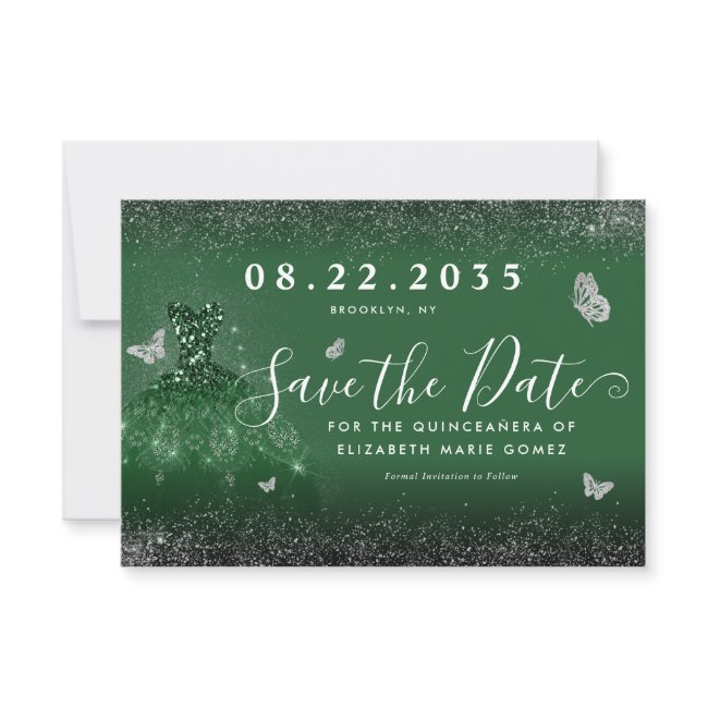 Glam Emerald Green Silver Glitter Gown Quinceanera Save The Date