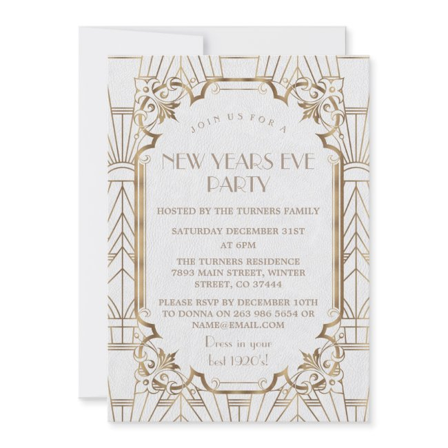 Glam Great Gatsby White 20s New Years Eve Party Invitation