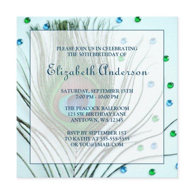 Glam Peacock Feather 50th Birthday Party Teal Invitation