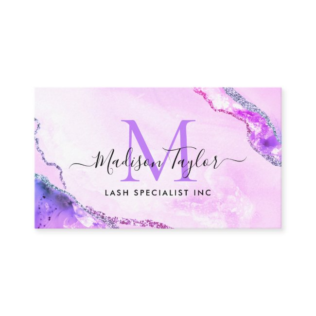 Glam Purple Violet Glitter Marble Agate Monogram Business Invitations