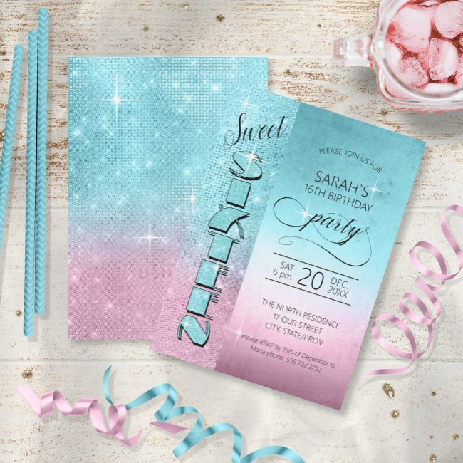 Glitter And Shine Sweet 16 Teal/pink Id675 Invitation