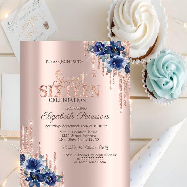 Glitter Drips Rose Gold Blue Flowers Sweet 16 Invitation