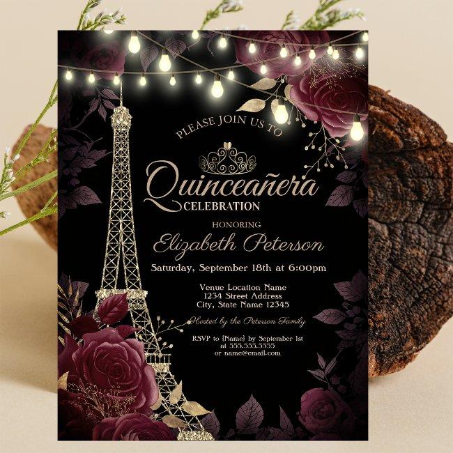 Glitter Eiffel Tower,dark Roses Quinceañera Invitation