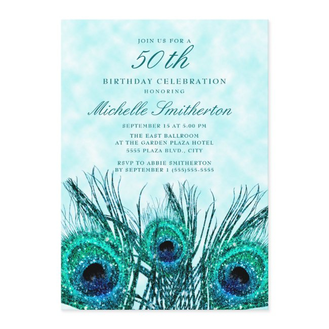 Glittery Teal Blue Peacock Feathers 50th Invitation