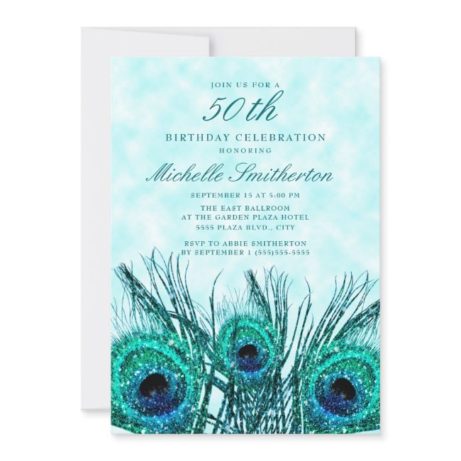 Glittery Teal Blue Peacock Feathers 50th Invitation