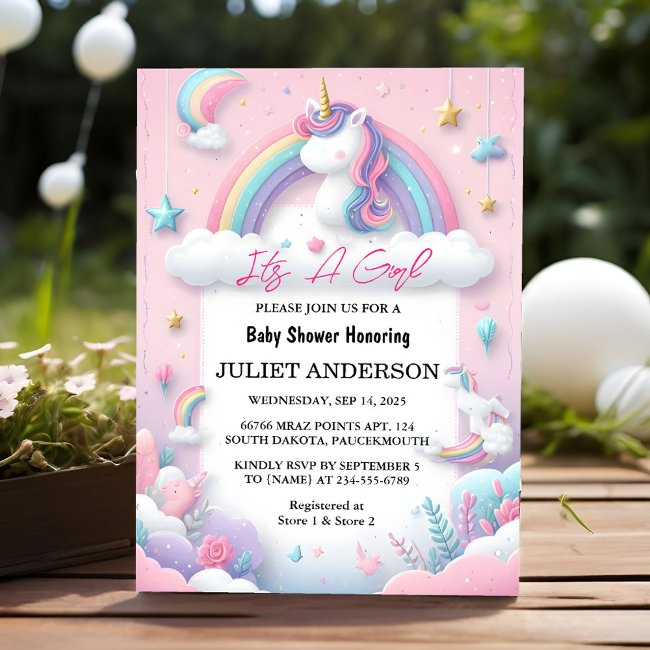 Glow Space Royal Pony Unicorn Baby Girl Shower Invitation