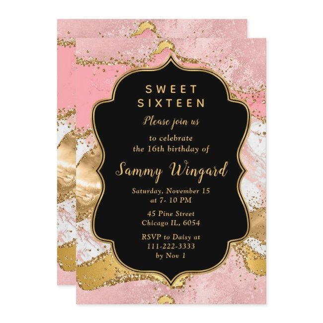 Gold And Pink Sequins Agate Sweet Sixteen Invitation