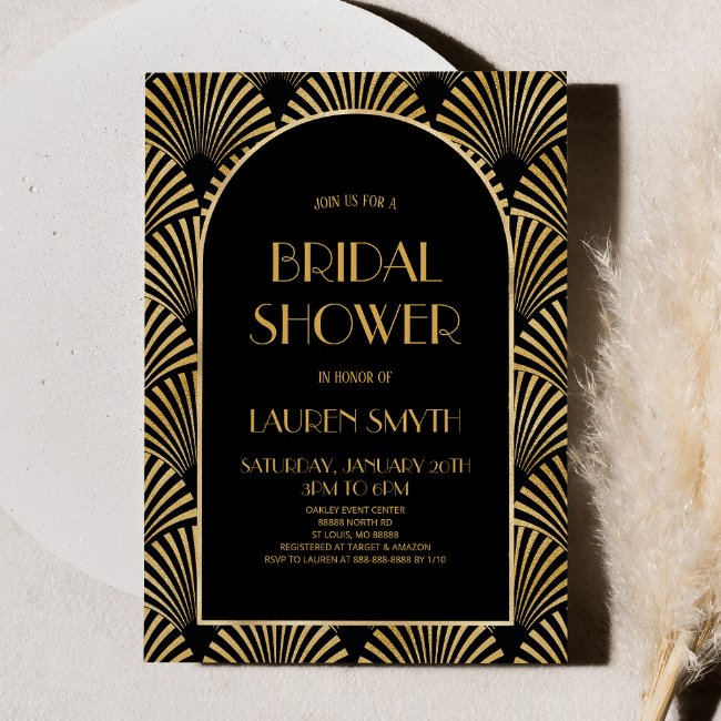 Gold Black Geometric Art Deco Bridal Shower Invitation