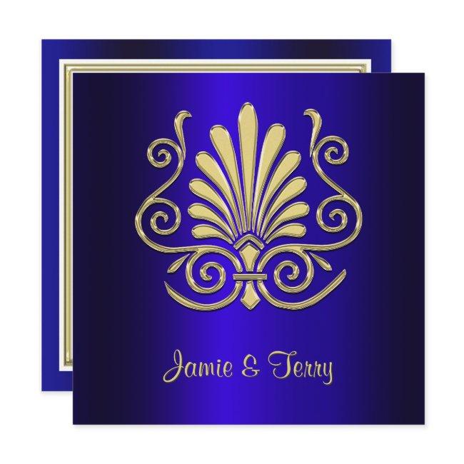 Gold Blue Art Deco Damask Wedding Invite 2