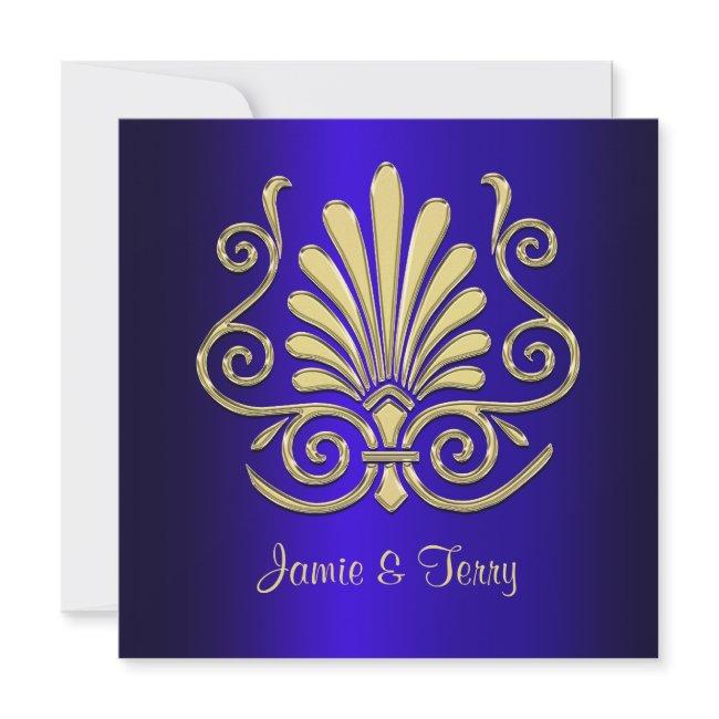 Gold Blue Art Deco Damask Wedding Invite 2