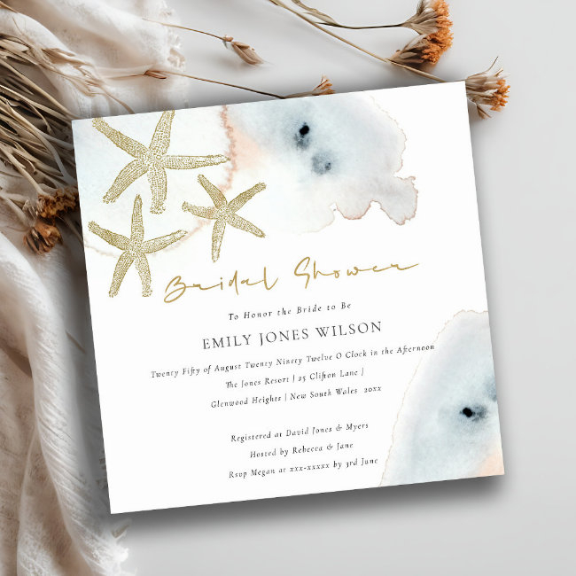 Gold Blue Beachy Starfish Bridal Shower Invite