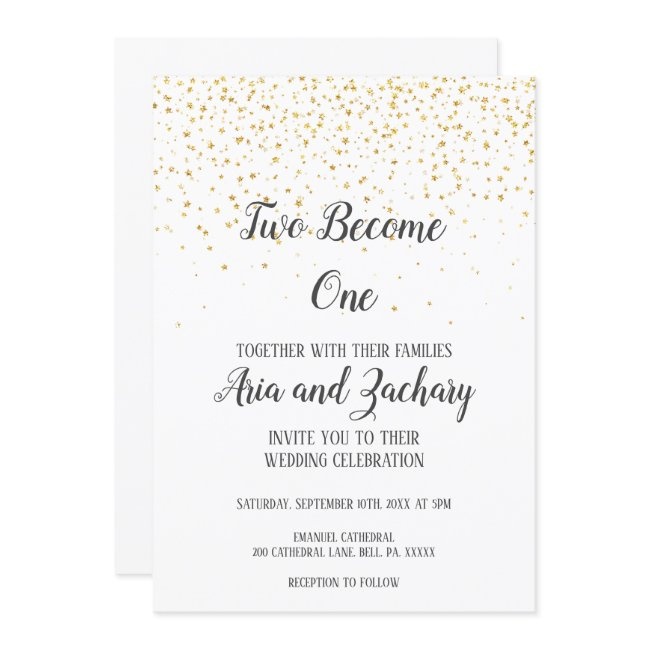 Gold Confetti Calligraphy Two Become One Wedding Invitation