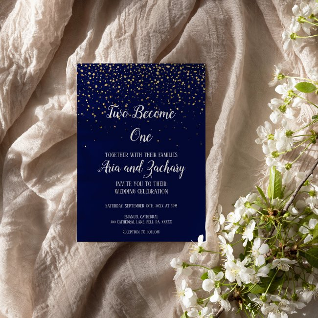 Gold Confetti|navy Two Become One Wedding Invitation