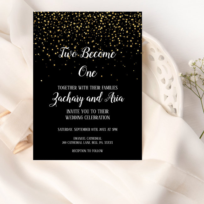 Gold Confetti On Black Two Become One Wedding Invitation