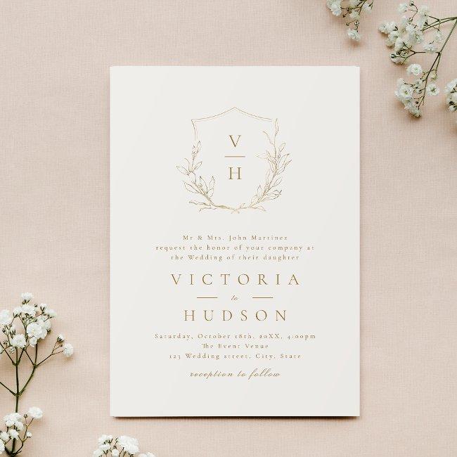 Gold Cream Simple Botanical Crest Monogram Wedding Invitation