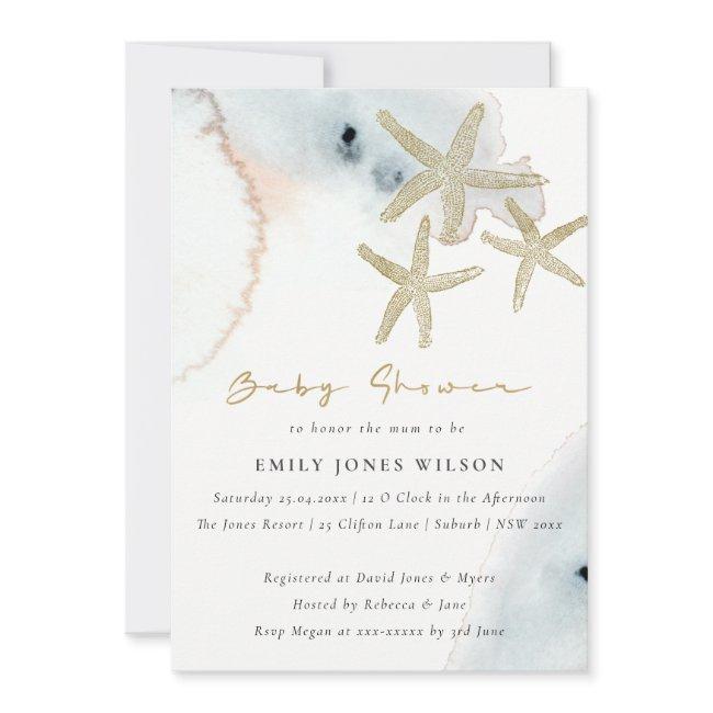 Gold Dusky Blue Beachy Starfish Baby Shower Invitation