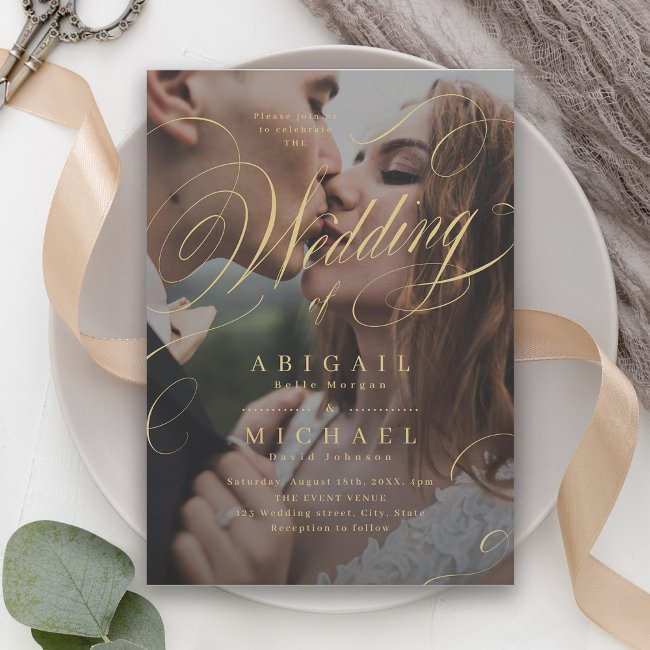 Gold Elegant Classic Calligraphy Photo Wedding Invitation