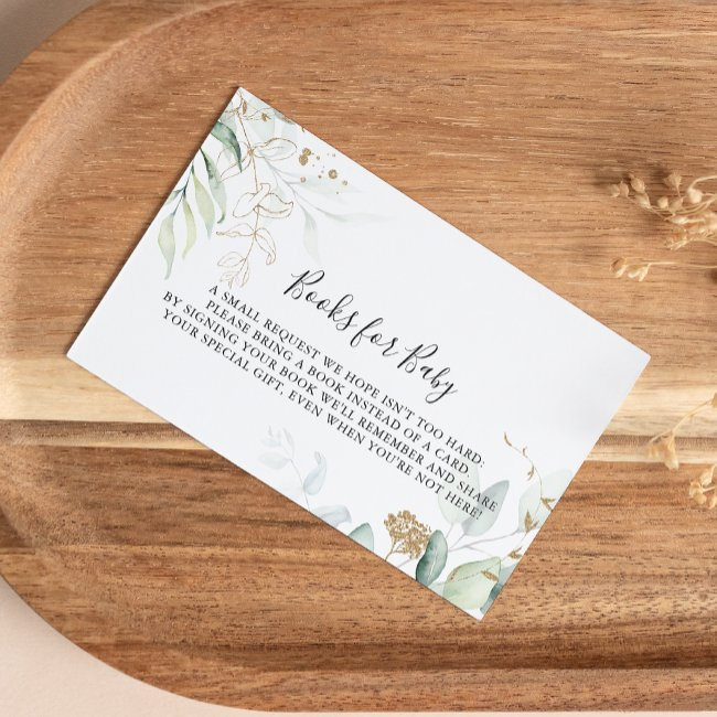 Gold Eucalyptus Baby Shower Book Request Enclosure Invitations