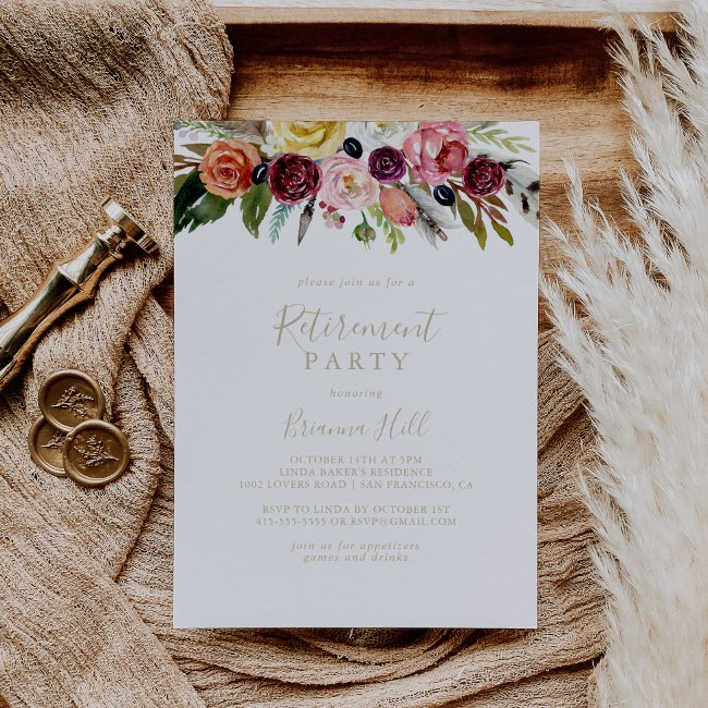 Gold Feather Boho Tropical Retirement Party Invitation