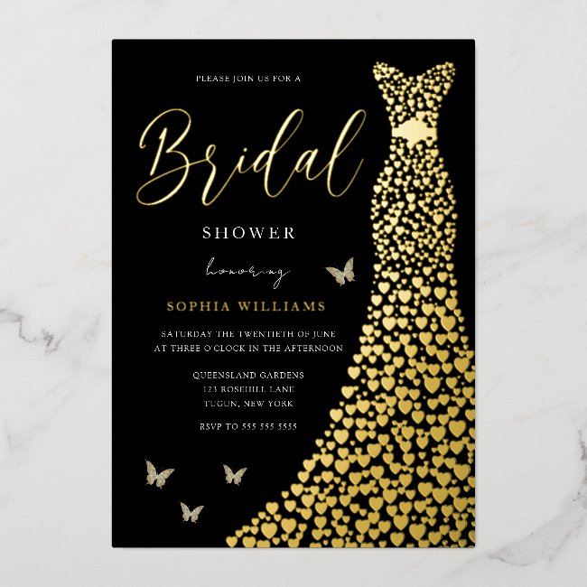 Gold Foil Heart Gown With Black Bridal Shower Foil Invitation