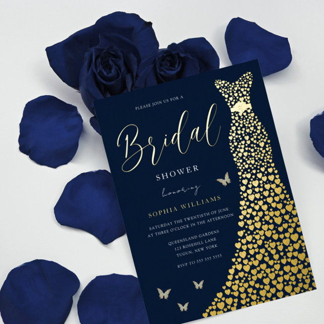 Gold Foil Heart Gown With Navy Bridal Shower Foil Invitation