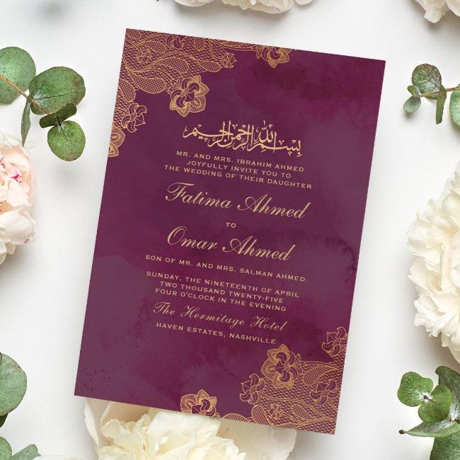 Gold Foil Lace Burgundy Islamic Muslim Wedding Invitation