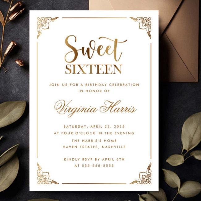 Gold Frame Ornate White Sweet Sixteen 16 Birthday Invitation