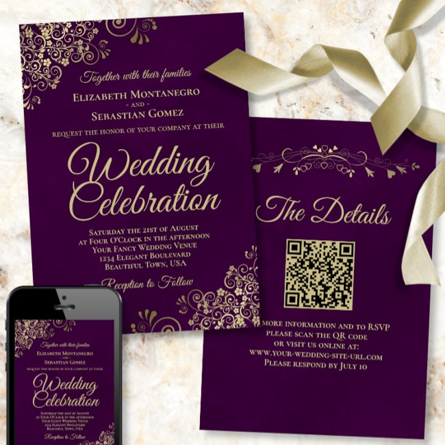 Gold Frills On Plum Purple Elegant Qr Code Wedding Invitation