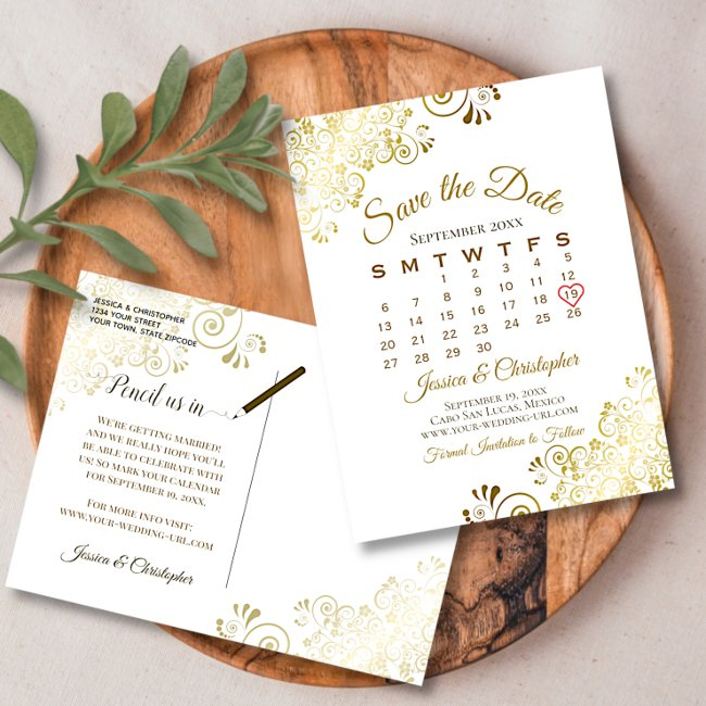 Gold Frills White Wedding Save The Date Calendar Announcement Postinvitations