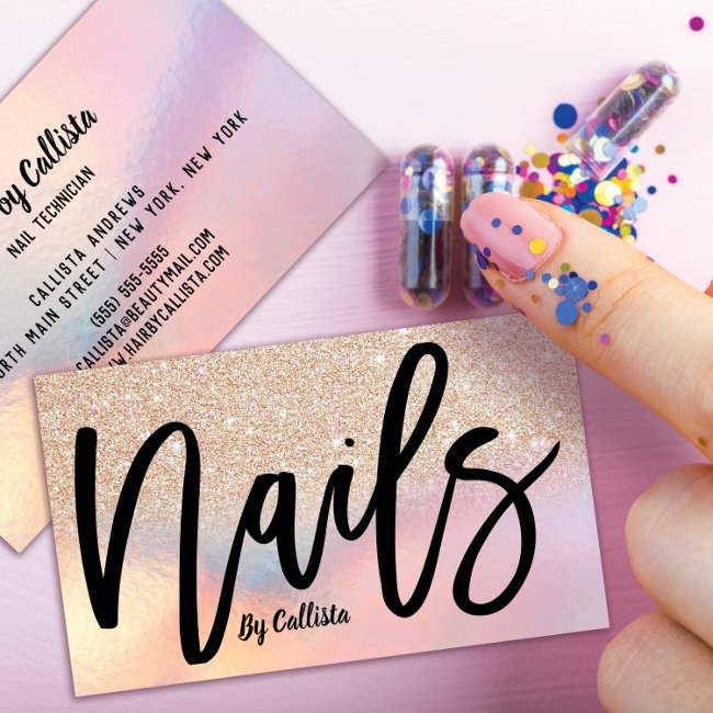 Gold Glitter Iridescent Holographic Nail Tech Business Invitations