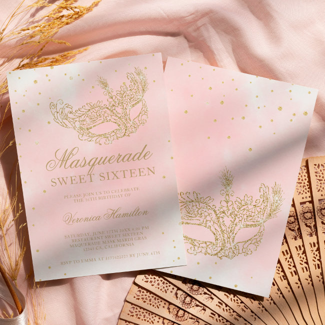 Gold Glitter Pink Masquerade Mask Sweet 16 Invitation